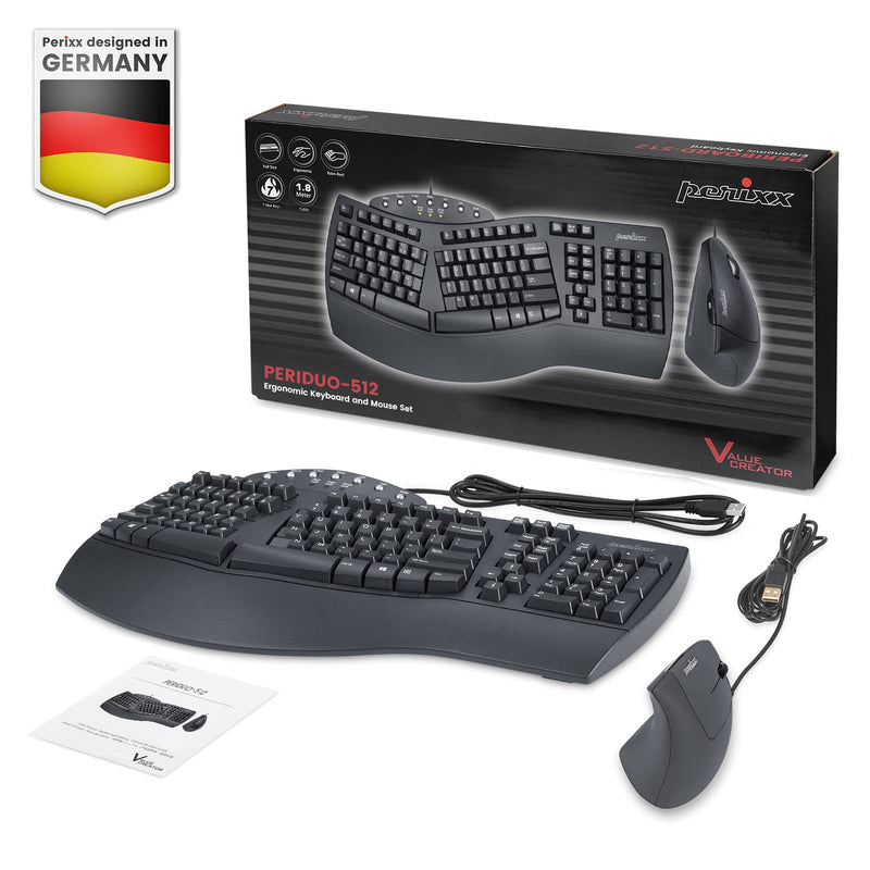 Perixx PERIDUO-512B, Wired Ergonomic Keyboard and Vertical Mouse Combo - USB - Black - UK QWERTY