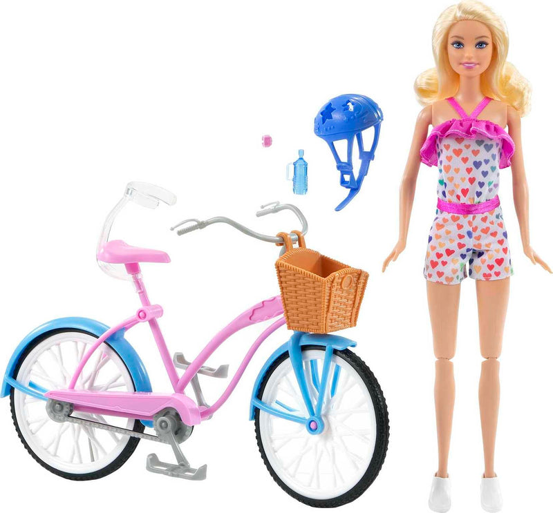 Barbie Doll and Bike Playset with Doll (11.5 in, Blonde), Bicycle with Rolling Wheels & Water Bottle Accessory, Gift for 3 to 7 Year Olds,Blue,pink,white