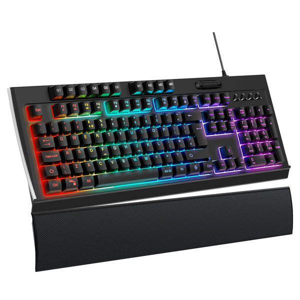 OMOTON Gaming Keyboard with Wrist Rest, RGB Backlit Ergonomic Gaming Keyboard, 115 keys Full Size USB Wired Silent Membrane Keyboard for PC/Computer/Laptop, QWERTY UK Layout, Black