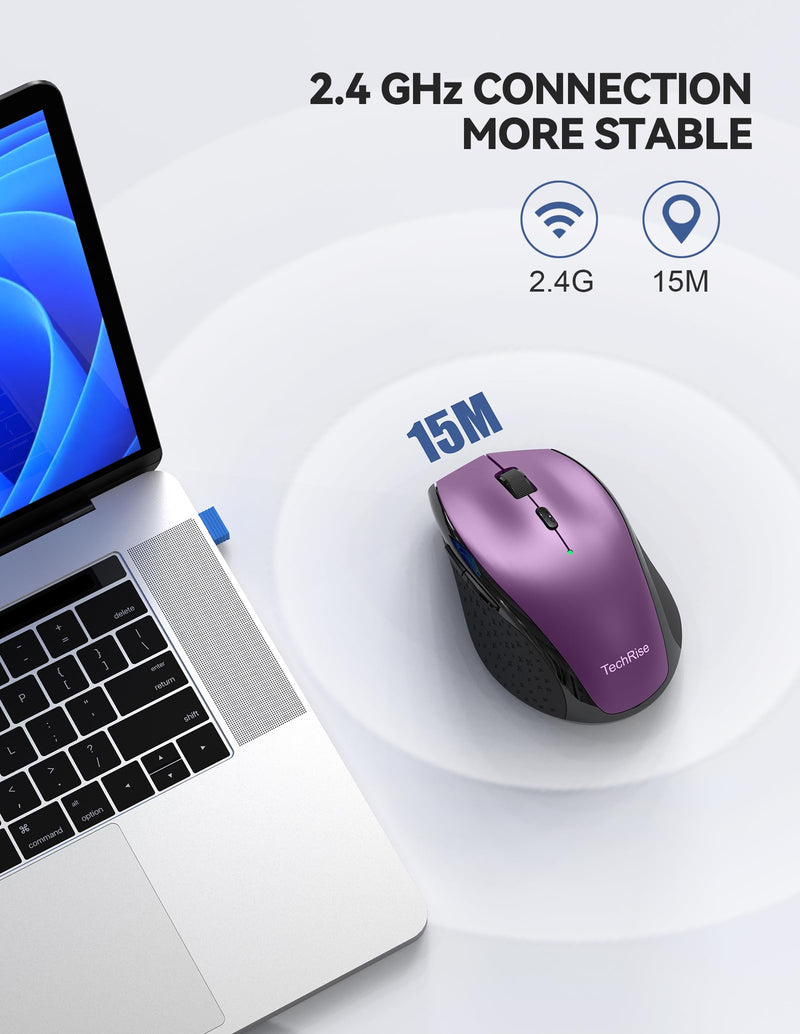 TechRise Wireless Mouse, Computer Mouse for Laptop, Silent Mouse with Nano Receiver, 30 Months Battery Life, Ergonomic Optical Mouse for PC, Tablet, Laptop with Windows System (Purple)