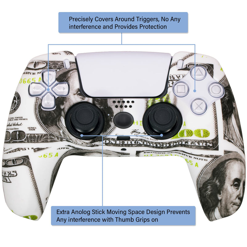 YoRHa Water Transfer Printing Silicone Thickened Cover Skin Case for PS5 Dualsense Controller x 1(US Dollars) with Thumb Grips x 10