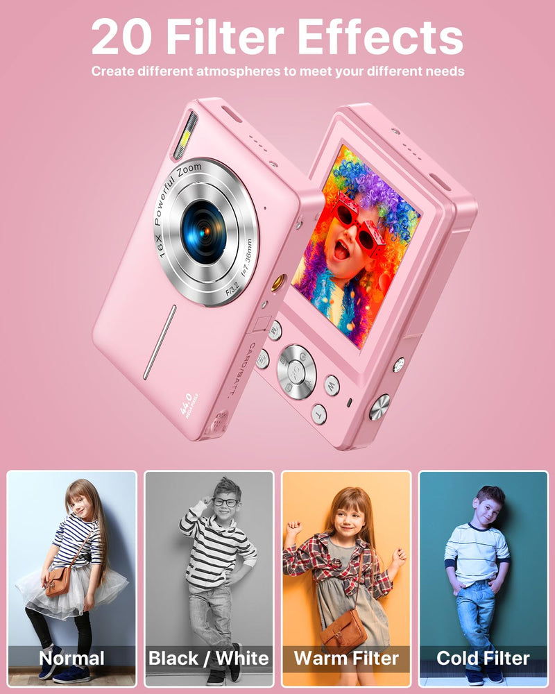 Digital Camera with 32G Card, 1080P Digital Camera Cheap 44MP HD Compact Digital Camera Photo Camera Kids Camera with 2.4" Screen 16X Digital Zoom and 1 Battery for Girls, Boys, Beginner-Pink