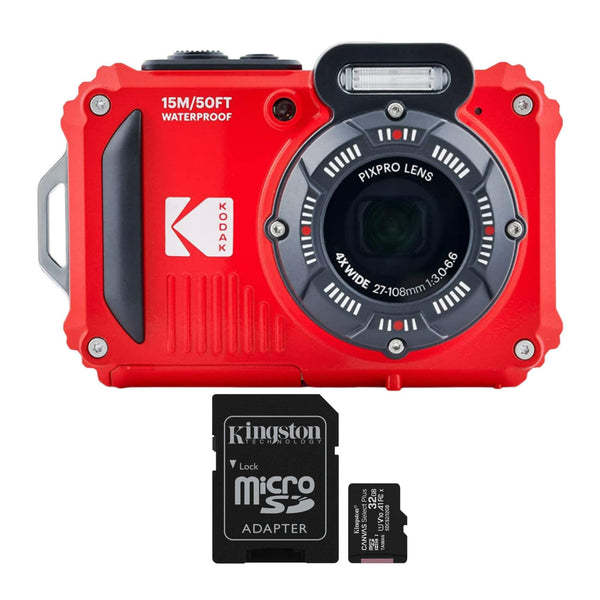 Kodak PIXPRO WPZ2 Rugged Waterproof 16MP Digital Camera with 4X Optical Zoom (Red) and 32GB microSDHC Card with Adapter Bundle (2 Items)