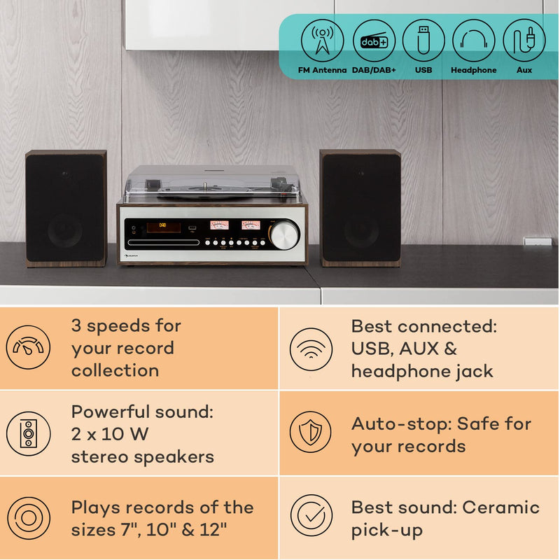 Auna Vinyl Record Player, Bluetooth Vinyl Records Turntable Record Players for Vinyl with Speakers, Home Audio Record Players, Retro Vintage USB & CD Turntable, MP3, AUX, DAB, Speakers Stereo Systems