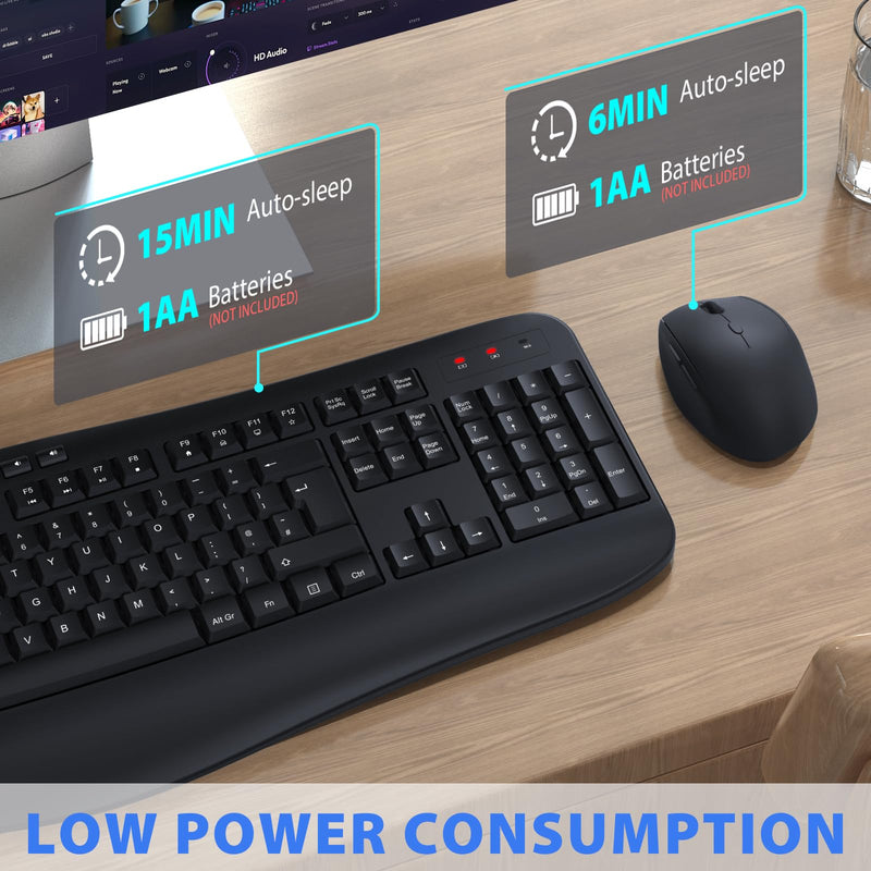 Wireless Keyboard and Mouse Set, 2.4GHz USB Connection, Full Size Ergonomic Keyboard with Palm Wrist Rest and Tilt Stands,1600 DPI Mouse, Combo for PC, Laptop, QWERTY UK Layout, Black