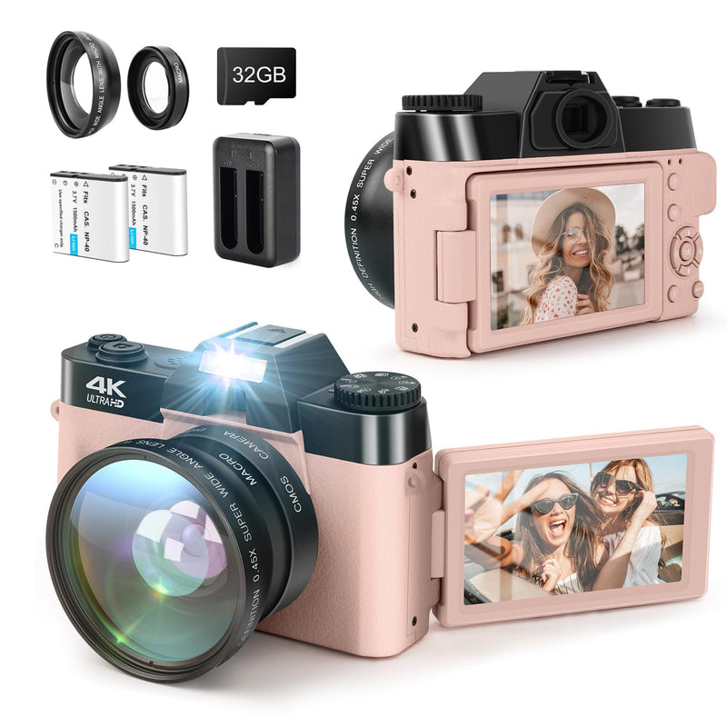 Digital Camera, LAMA 4K 48MP Autofocus Vlogging Camera, Compact Camera with 3.0 Inch 180° Flip Screen, 16X Digital Zoom Camera for YouTube with Wide-angle Lens, 32GB SD Card, 2 Batteries Pink