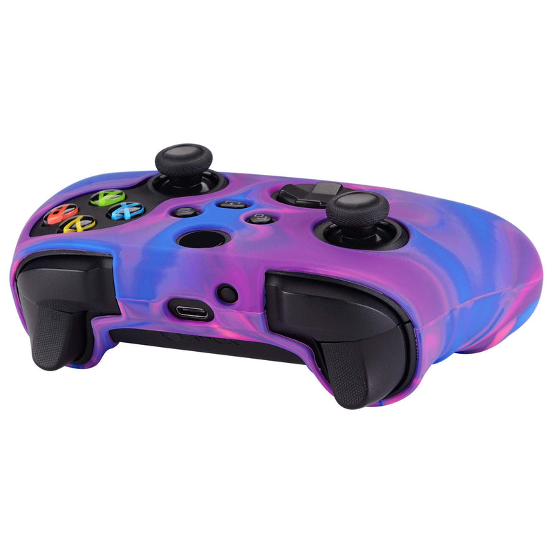 PlayVital Tri-Color Pink & Purple & Blue Camouflage Anti-Slip Silicone Cover Skin for Xbox Series X Controller, Soft Rubber Case Protector for Xbox Series S Controller with Black Thumb Grip Caps