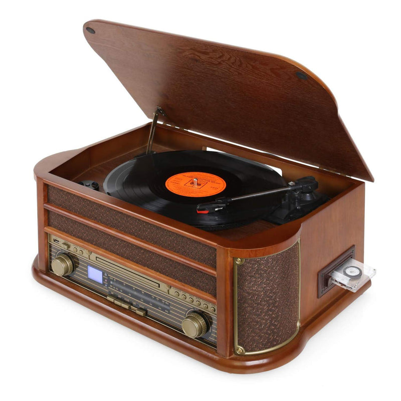 Auna Vinyl Record Player, Vinyl Records Turntable Record Players for Vinyl with Speakers, Home Audio Record Players, Wood Retro Vintage 3-Speed Turntable, Speakers Stereo w/CD Turntable and USB Port