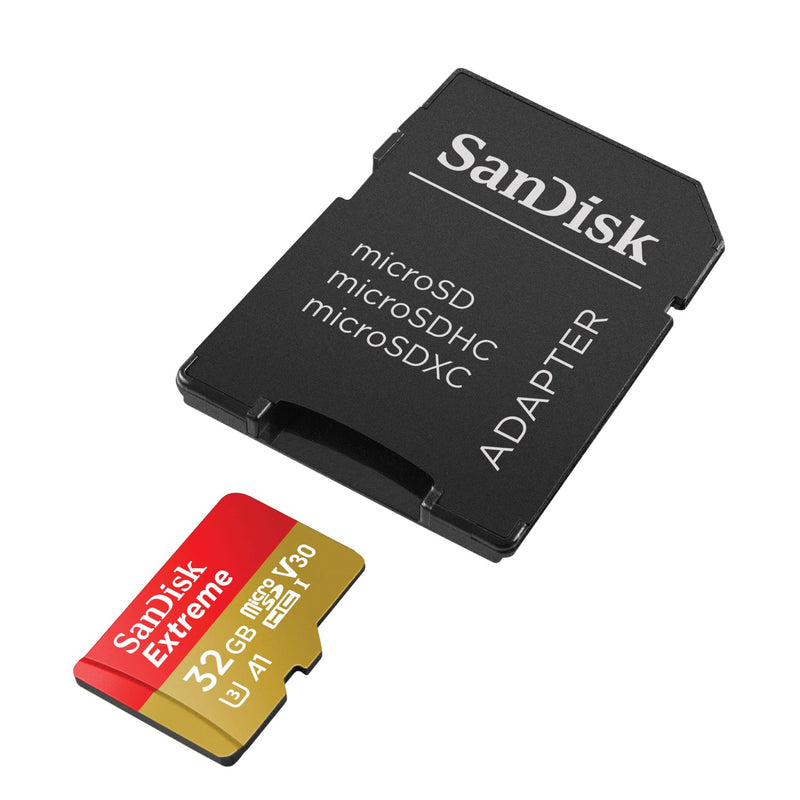 SanDisk Extreme 32 GB microSDHC Memory Card + SD Adapter with A1 App Performance + Rescue Pro Deluxe, Up to 100 MB/s, Class 10, UHS-I, U3, V30, Red/Gold