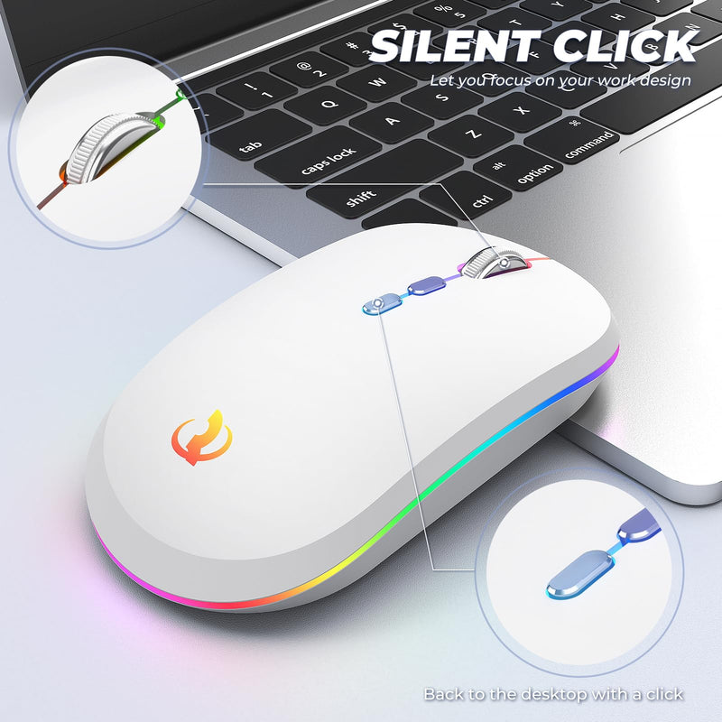 RIIKUNTEK Wireless Mouse for Laptop, 2.4G & Bluetooth Mouse Rechargeable with RGB Light, Silent Computer Mouse with Type-C Charging for PC, Laptop, iPad, Tablet, White