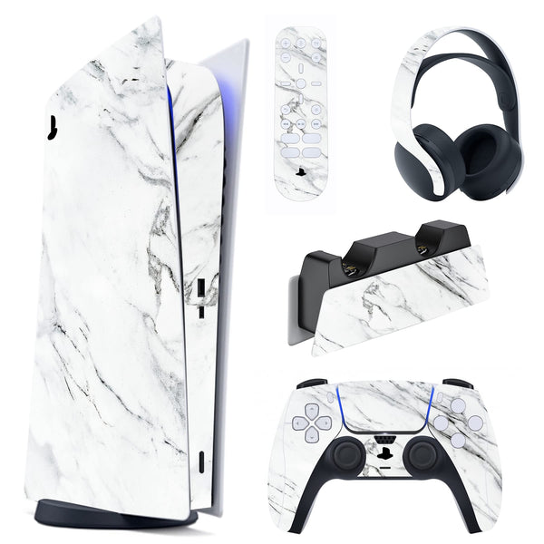 playvital Modern White Marble Full Set Skin Decal for ps5 Console Digital Edition, Sticker Vinyl Decal Cover for ps5 Controller & Charging Station & Headset & Media Remote