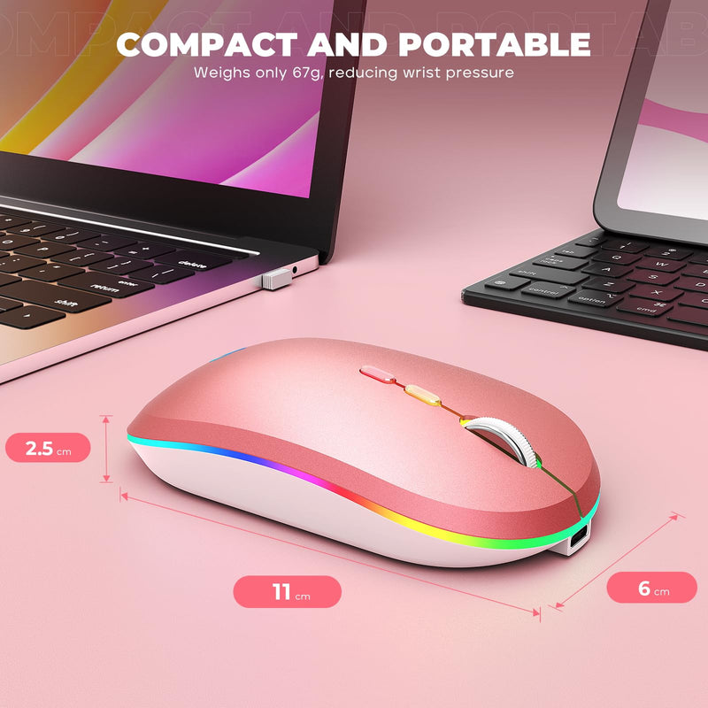 RIIKUNTEK Wireless Mouse for Laptop, 2.4G & Bluetooth Mouse Rechargeable with RGB Light, Silent Computer Mouse with Type-C Charging for PC, Laptop, iPad, Tablet, Pink