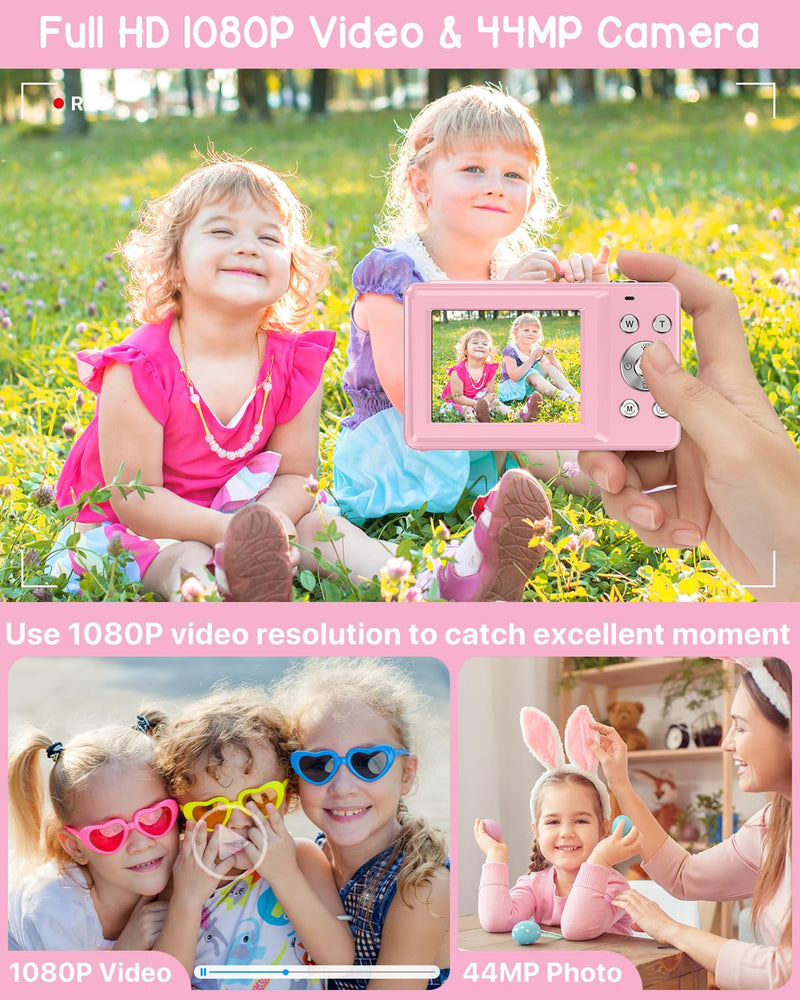 Digital Camera with 32G Card, 1080P Digital Camera Cheap 44MP HD Compact Digital Camera Photo Camera Kids Camera with 2.4" Screen 16X Digital Zoom and 1 Battery for Girls, Boys, Beginner-Pink