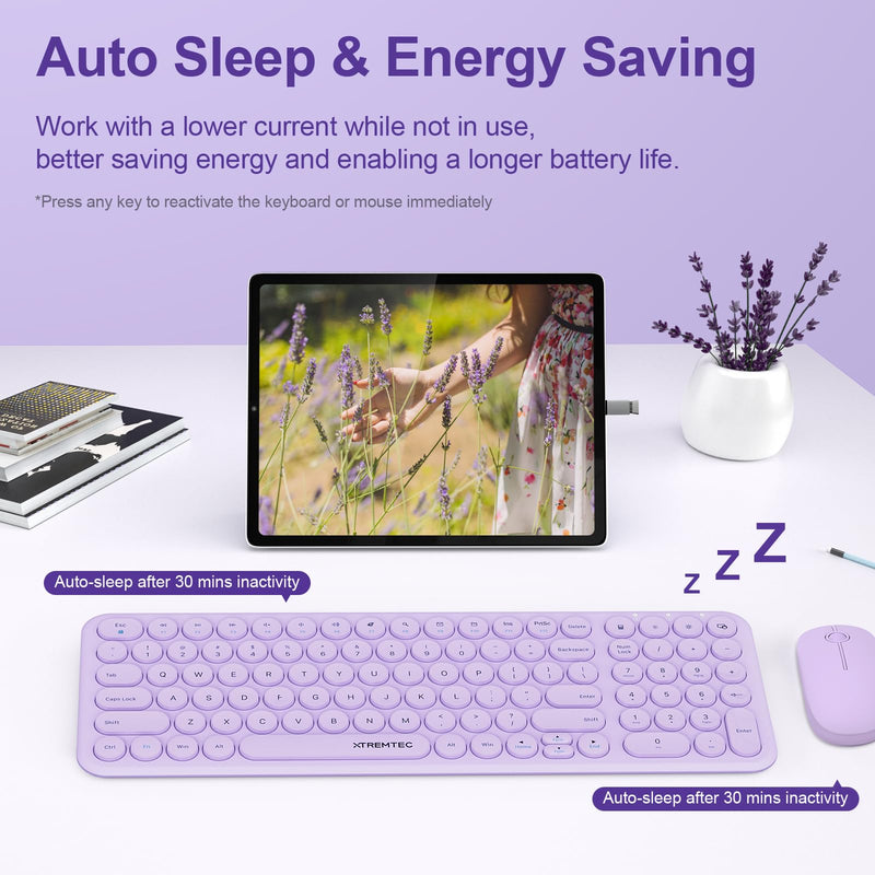 XTREMTEC Wireless Keyboard and Mouse, Compact Size Cute Keyboard Retro Round Keycap - 2.4GHz Ultra-Slim Quiet Aesthetic Keyboard for Laptop iMac Windows Computer (Lavender Purple)