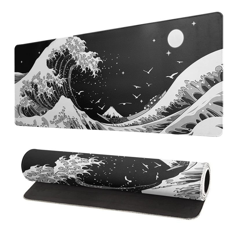 Japanese Black Sea Wave Mouse Pad Abstract Black Gaming Mouse Pad 31.5x11.8 Inch Sea Wave Texture Non-Slip Rubber Base Wave Large Mousepad Stitched Edges Keyboard Mouse Mat Desk Pad for Office Home