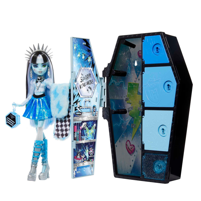 Monster High Doll and Fashion Set, Frankie Stein, Skulltimate Secrets: Fearidescent Series, Dress-Up Locker with 19+ Surprises, HNF75