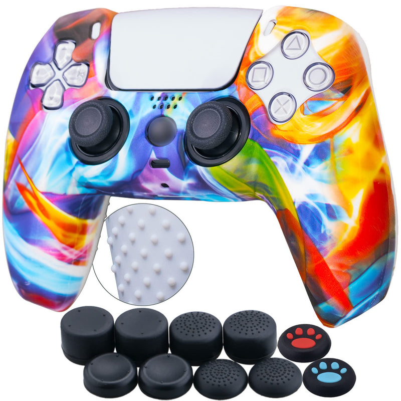 YoRHa Water Transfer Printing Silicone Thickened Cover Skin Case for PS5 Dualsense Controller x 1(Colorful stream) with Thumb Grips x 10