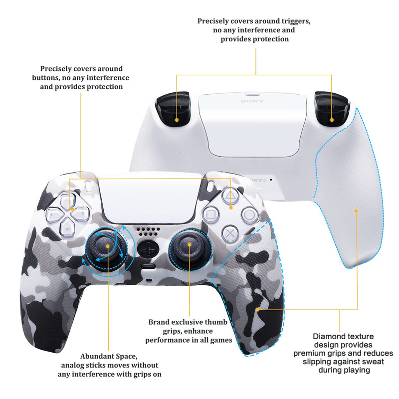 YoRHa Studded Printing Silicone Rubber Customizing Skin Cover for PS5 Dualsense Controller x 1(Camouflage White) with Pro Thumb Grips x 10