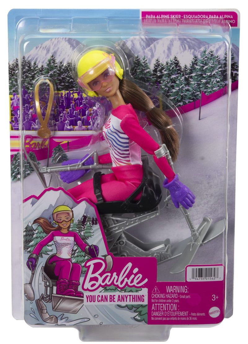 Barbie Winter Sports Para Alpine Skier Brunette Doll (12 in) with Shirt, Pants, Helmet, Gloves, Pole, Sit Ski & Trophy, Great Gift for Ages 3+