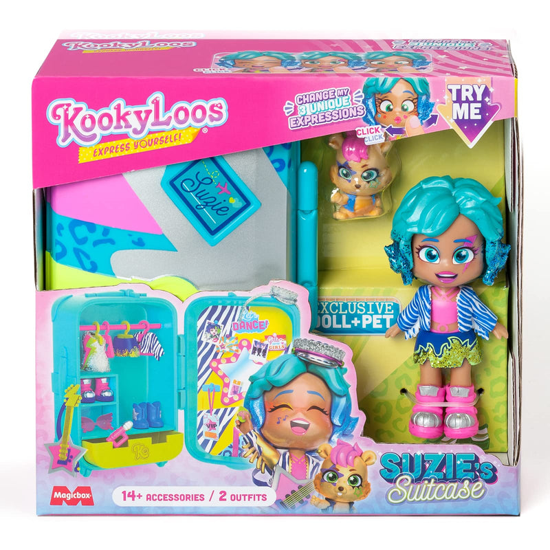 KOOKYLOOS Suzie’s Suitcase – Doll’s suitcase with over 14 fashion accessories and exclusive doll with 3 fun expressions. Includes clothes, accessories and shoes, hangers and an exclusive pet