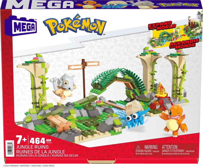 MEGA Pokémon Jungle Ruins building set, Cubone, Charmander and Omanyte figures, 464 compatible bricks and pieces connect with other worlds, toy gift set for boys and girls, ages 7 and up, HDL86