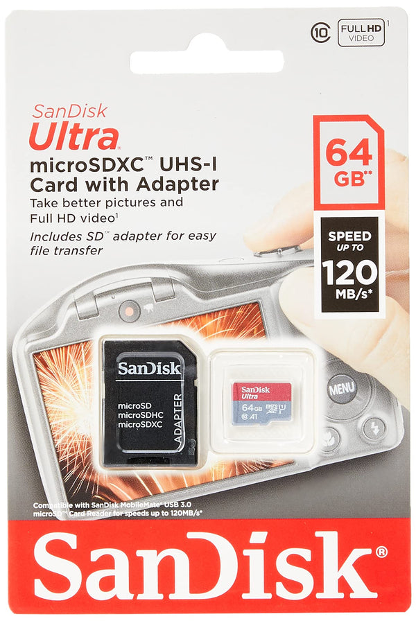 SanDisk Ultra 64GB microSDXC Memory Card + SD Adapter with A1 App Performance Up to 120MB/s, Class 10, UHS-I