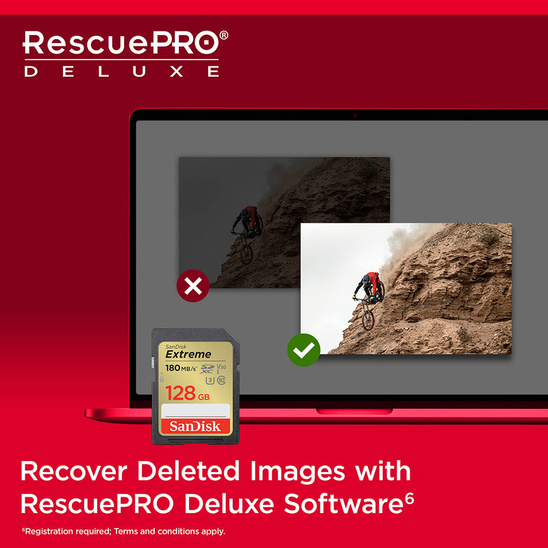 SanDisk 128GB Extreme SDXC card, SD card up to 180MB/s, V30 Memory card, UHS-I, Class, 10, U3, V30, RescuePro Deluxe data recovery software.