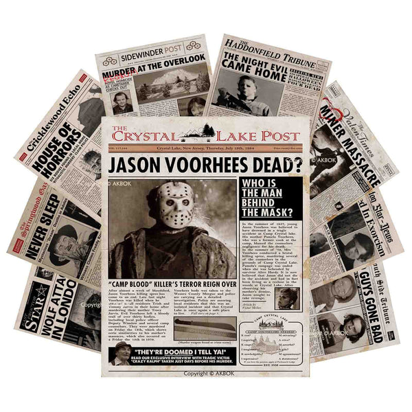 AKBOK Vintage Horror Movie Newspaper Article Poster Classic Scary Movie Character Poster Newspaper Art Prints Home Theater Set for Man Cave Living Room Bedroom 8”X 10” Unframed 9Pcs