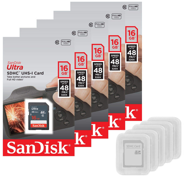 5 PACK - SanDisk Ultra 16GB SD SDHC Memory Flash Card UHS-I Class 10 Read Speed up to 48MB/s 320X SDSDUNB-016G-GN3IN Wholesale Lot + (5 Cases)