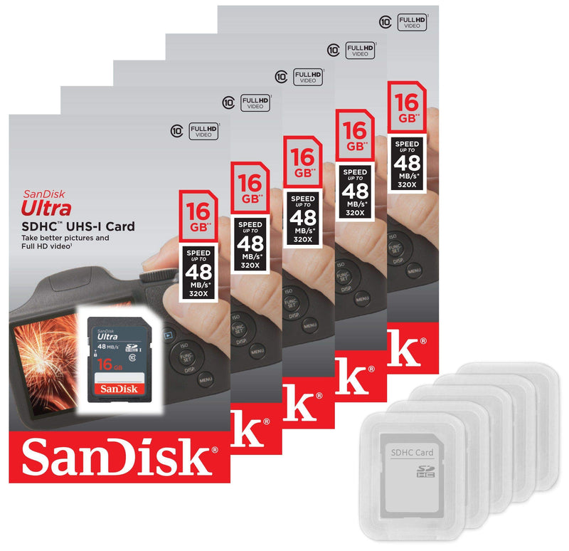 5 PACK - SanDisk Ultra 16GB SD SDHC Memory Flash Card UHS-I Class 10 Read Speed up to 48MB/s 320X SDSDUNB-016G-GN3IN Wholesale Lot + (5 Cases)