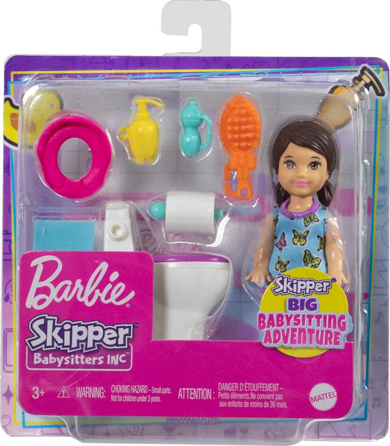 Barbie Skipper Babysitters Inc Doll & Accessories Set with Brunette Doll in Butterfly Dress, Potty & Bathroom-Themed Pieces