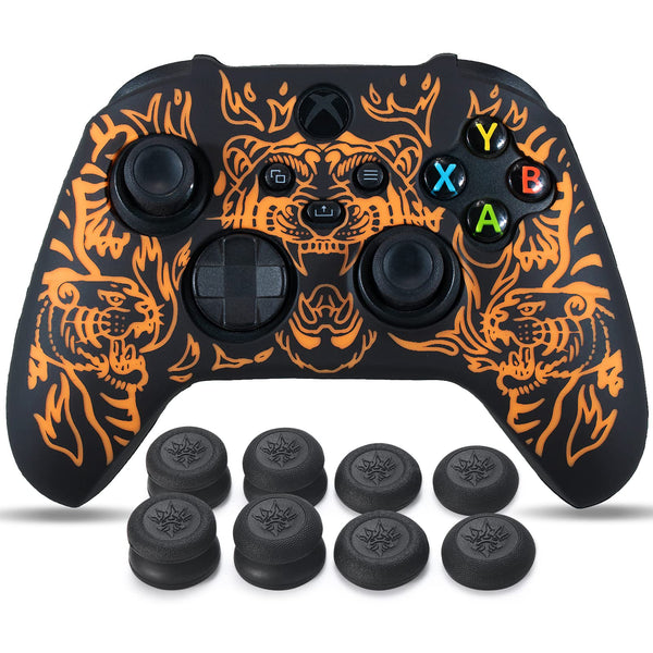 YoRHa Laser Carving Silicone Skin for Xbox Series X/S Controller x 1(Tiger Orange) with Pro Thumb Grips x 8