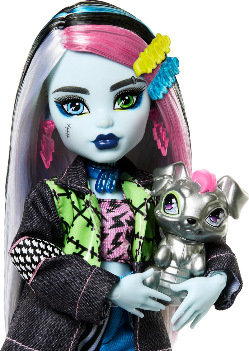 Monster High Frankie Stein Doll in Denim Jacket and Shorts, Includes Pet Dog Watzie and Accessories like a Backpack, Snack and Notebook, HXH73