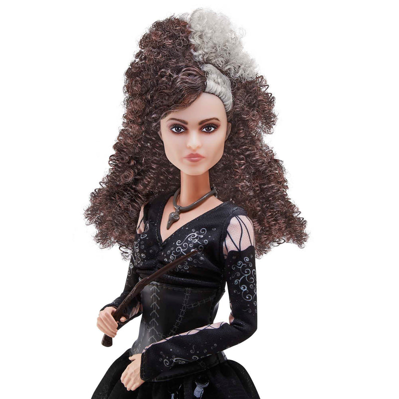 Mattel Harry Potter Collectible Bellatrix Lestrange Doll (10-inch, Curly Hair) Wearing Signature Black Dress and Necklace, with Wand, Gift for 6 Year Olds and Up, HFJ70