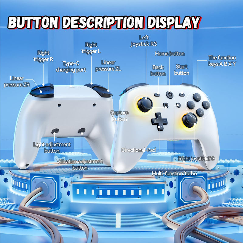 Geebond Wireless Switch Pro Controller for Nintendo Switch Controller/Lite/OLED, LED Multi-Platform Windows PC/IOS/Android Remote with Cool RGB Light/Motion Control/Vibration/Turbo/Wakeup-White