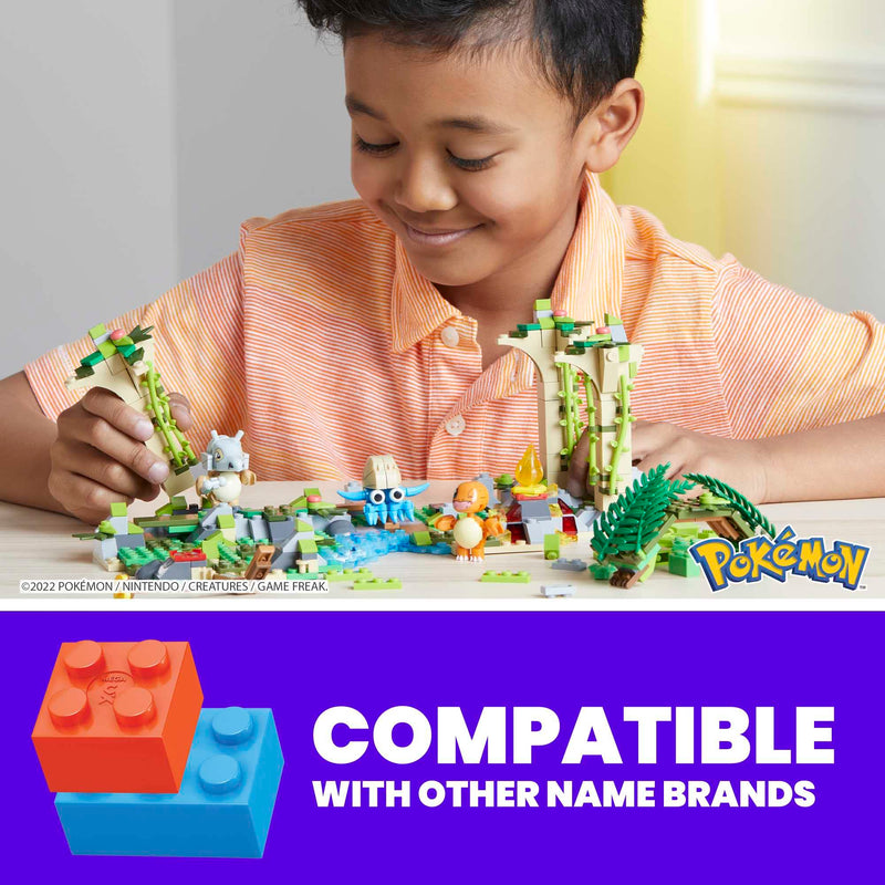 MEGA Pokémon Jungle Ruins building set, Cubone, Charmander and Omanyte figures, 464 compatible bricks and pieces connect with other worlds, toy gift set for boys and girls, ages 7 and up, HDL86