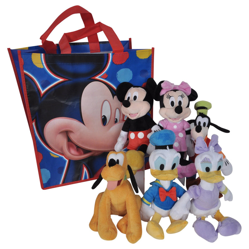 Disney 11" Plush Mickey Minnie Mouse Donald Daisy Duck Goofy Pluto 6-Pack in Tote Bag