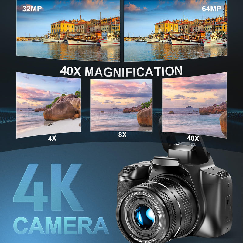 G-Anica Digital Camera, 64MP&4K Cameras for Photography & Video, 40X Zoom Lens，Vlogging Camera for YouTube with Flash, WiFi & HDMI Output，32GB SD Card(2 Batteries)