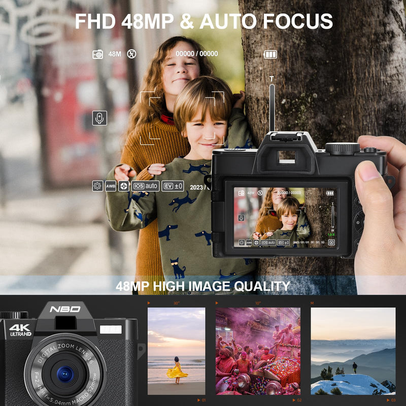 NBD S100 Digital Cameras for Photography, 48MP 4K Vlogging Camera with 180° Flip Screen,WiFi, 60FPS Autofocus Travel Camera,Compact Camera 32GB TF&2 Batteries Included,Beginner-Friendly (Black)