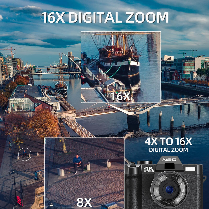 NBD S100 Digital Cameras for Photography, 48MP 4K Vlogging Camera with 180° Flip Screen,WiFi, 60FPS Autofocus Travel Camera,Compact Camera 32GB TF&2 Batteries Included,Beginner-Friendly (Black)