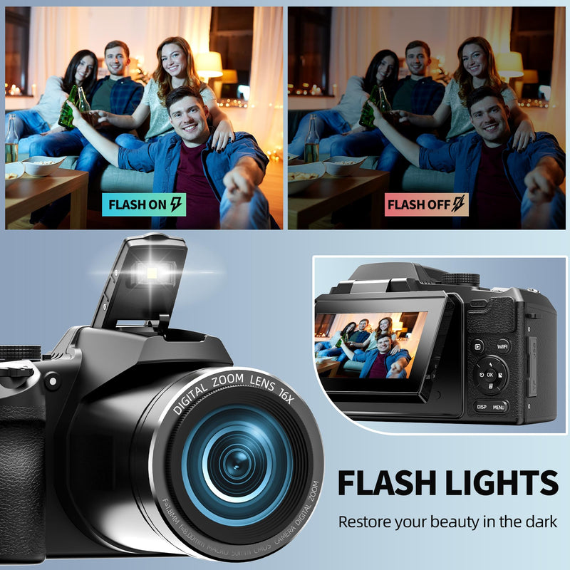 NBD 64MP Digital Camera，4K Vlogging Camera for YouTube with 3’’ Flip Screen,16X Digital Zoom,WIFI& Autofocus,Cameras Mic&Tripod,2 Batteries, 32GB TF Card，Dslr Camera (S200)
