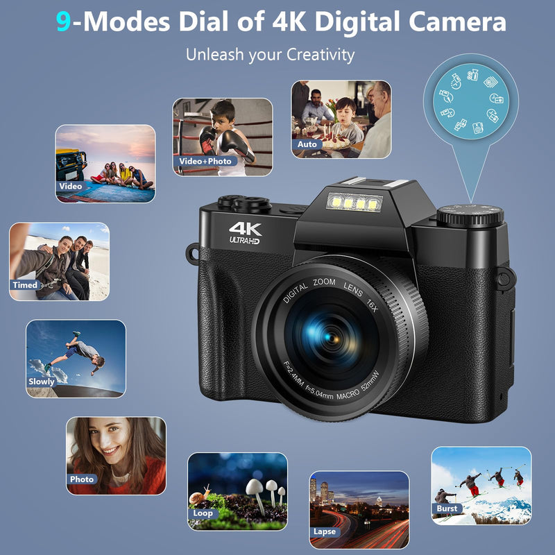 Digital Camera 4K 56MP UHD Vlogging Camera with 3'' 180° Flip Screen, 16X Digital Zoom Compact Camera for Photography with Auto Focus & 32GB Card & 2 Batteries for Teens Students Kids Boys Girls