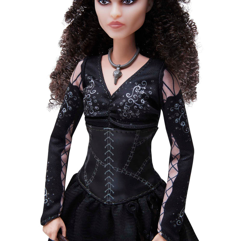 Mattel Harry Potter Collectible Bellatrix Lestrange Doll (10-inch, Curly Hair) Wearing Signature Black Dress and Necklace, with Wand, Gift for 6 Year Olds and Up, HFJ70