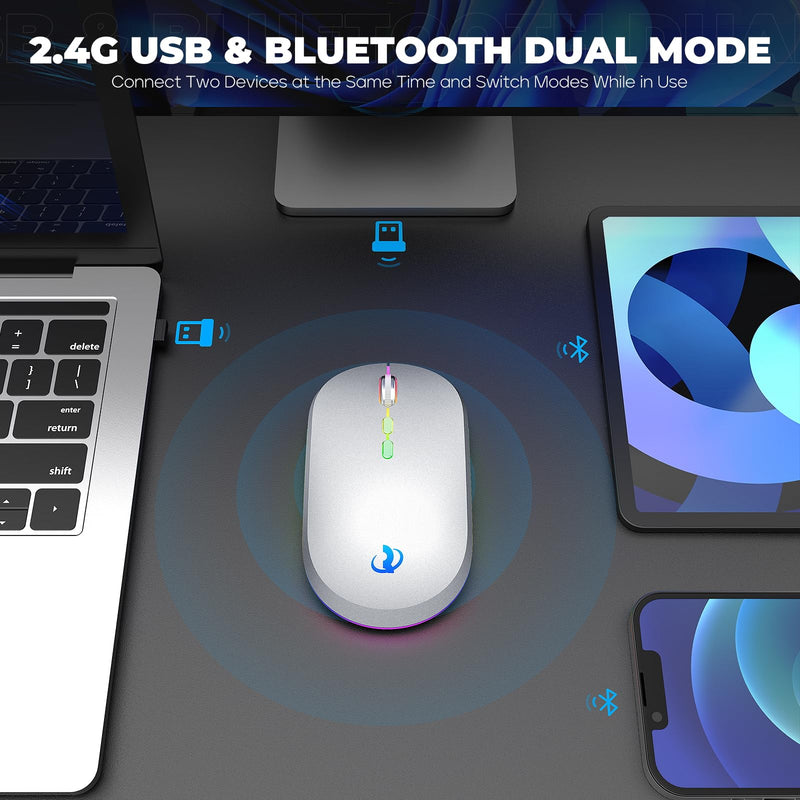 RIIKUNTEK Wireless Mouse for Laptop, 2.4G & Bluetooth Mouse Rechargeable with RGB Light, Silent Computer Mouse with Type-C Charging for PC, Laptop, iPad, Tablet, Silver