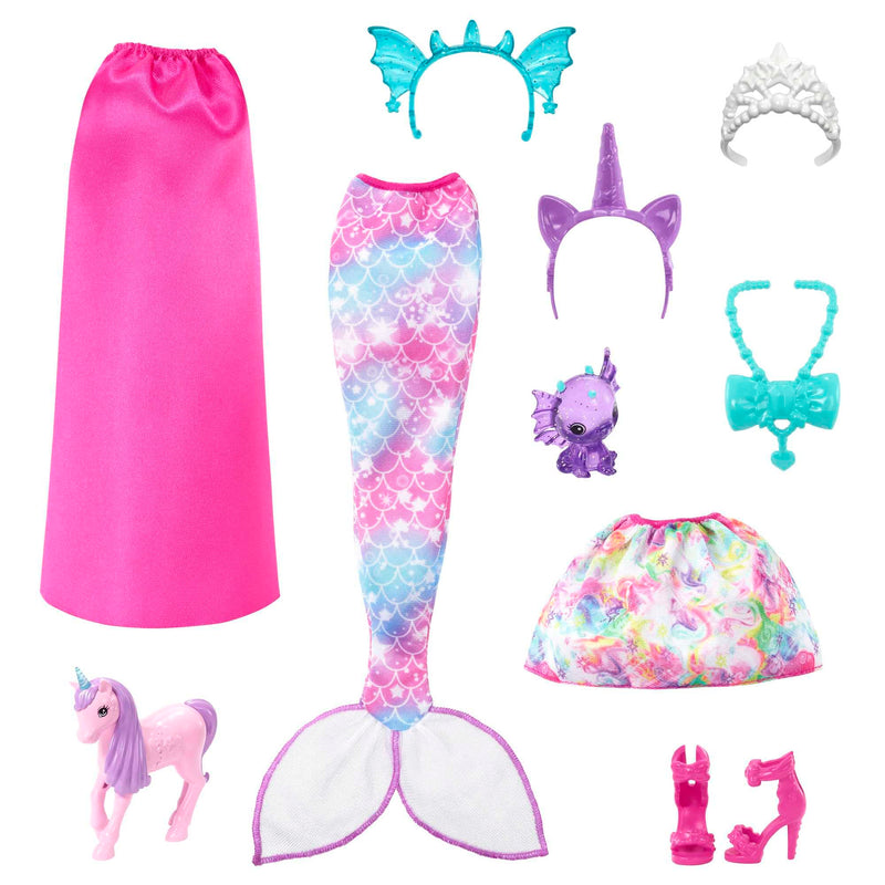 Barbie Doll, Mermaid Toys, Barbie Clothes and Accessories, Fantasy Dress-Up Set, Baby Unicorn and Dragon Pets, HLC28