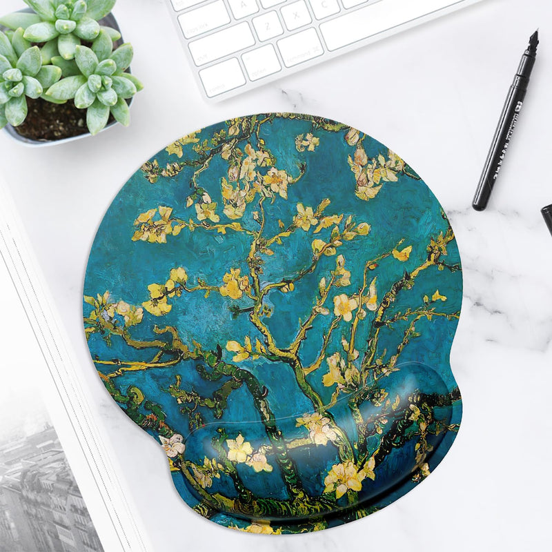 ITNRSIIET Mouse Pad and Coaster Set, Ergonomic Mouse Pad with Wrist Support, Non-Slip Rubber Base, Comfortable Memory Foam Wrist Rest Support and Lycra Cloth, Almond Blossom