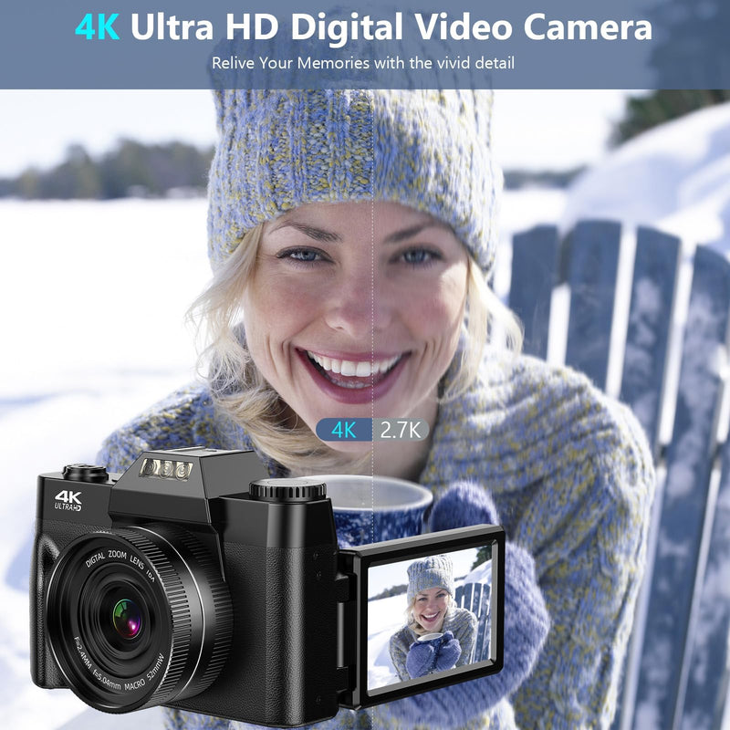 Digital Camera 4K 56MP UHD Vlogging Camera with 3'' 180° Flip Screen, 16X Digital Zoom Compact Camera for Photography with Auto Focus & 32GB Card & 2 Batteries for Teens Students Kids Boys Girls