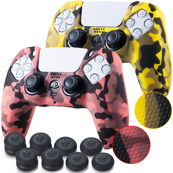 YoRHa Grip Texture Silicone Skin for PS5 Dualsense Controller x 2(Print Coral+Yellow) with Pro Thumb Grips x 8