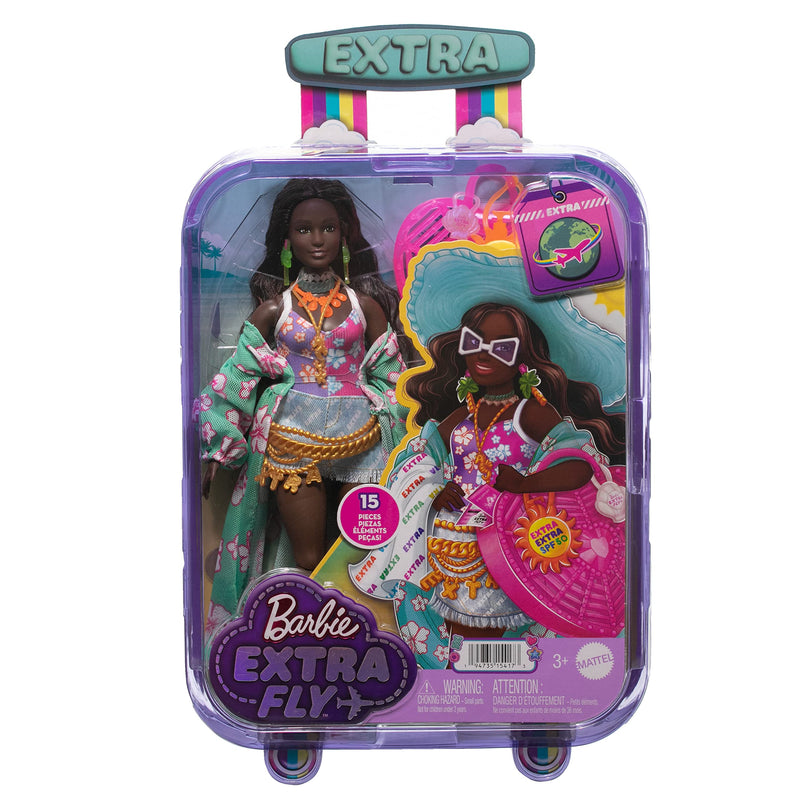 Travel Barbie Doll with Beach Fashion, Barbie Extra Fly, Hat and Tropical Coverup with Oversized Bag, HPB14