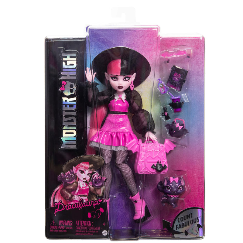 Monster High Draculaura Doll with Pet Bat-Cat Count Fabulous and Accessories like Backpack, Spell Book, Bento Box and More, HRP64